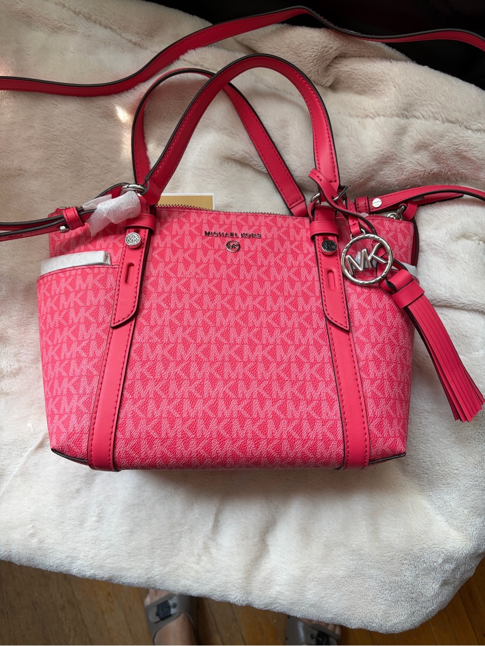 Michael Kors Sullivan small Hot Pink MK Signature Tote with Tassel Charm